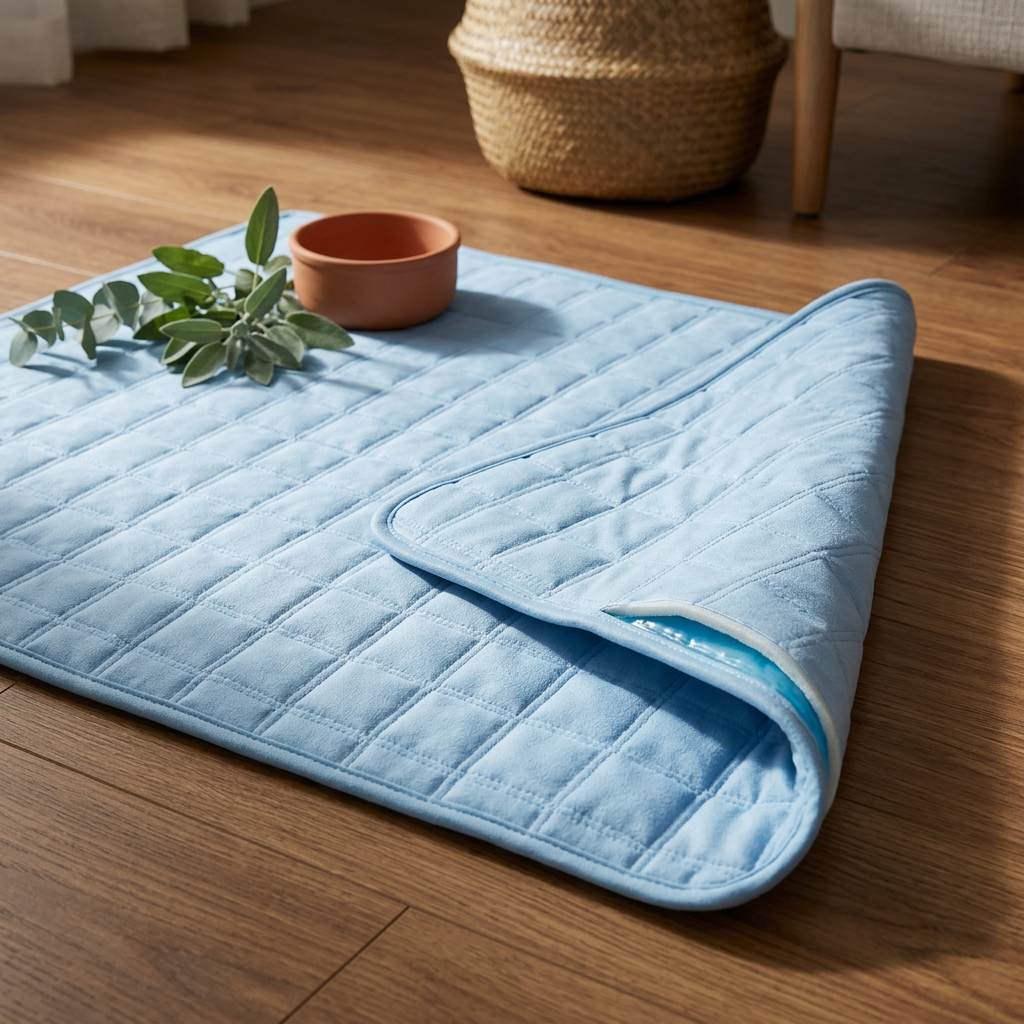 PetRoost cooling mat — three-quarter angle with styled props