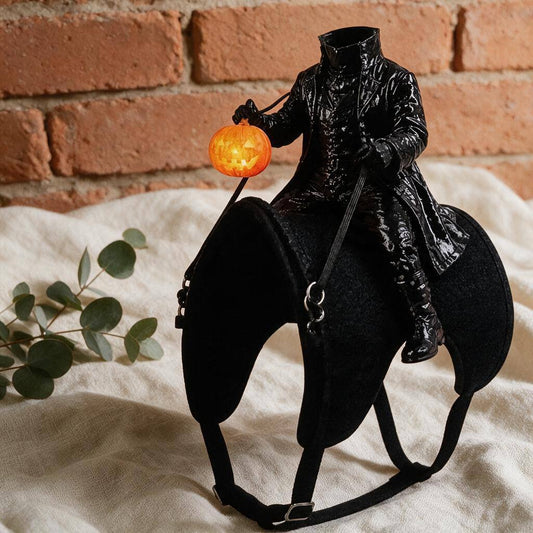 Headless Horseman Cat Costume — Glow-Lantern Halloween Saddle