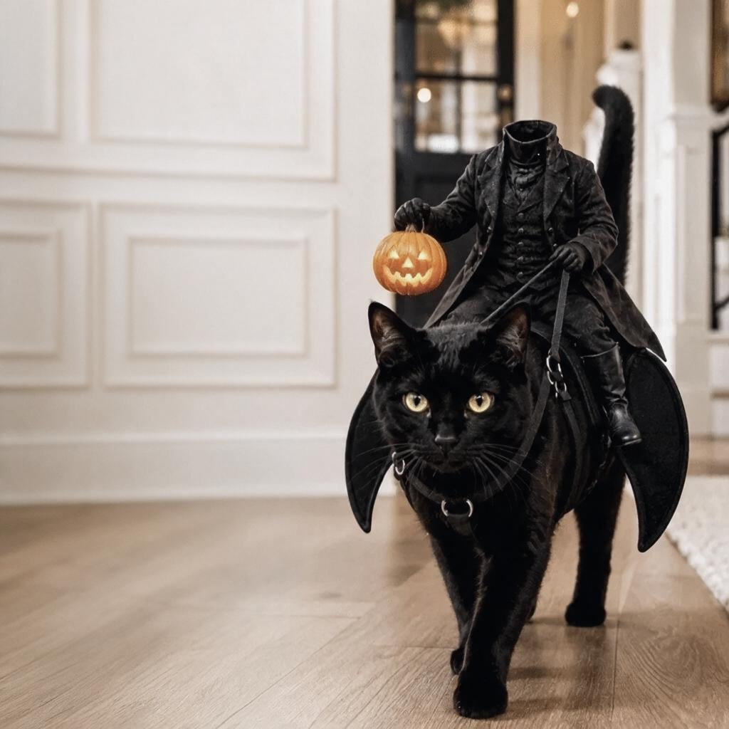 Headless Horseman Cat Costume — Glow-Lantern Halloween Saddle