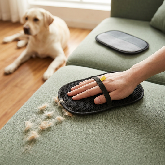 Shedding Season Kit — pet hair removal mitt in use on a couch cushion