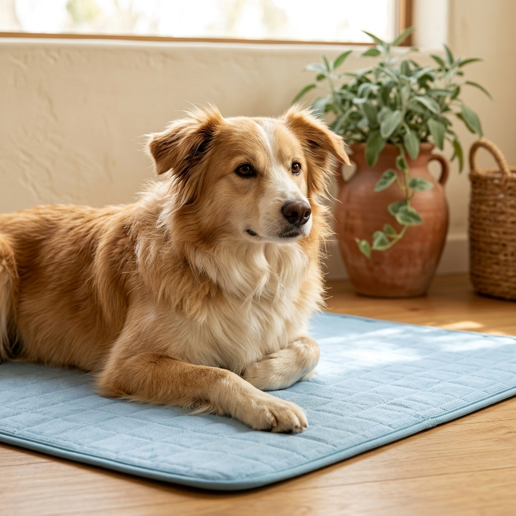 PetRoost cooling mat — dog resting, front three-quarter angle
