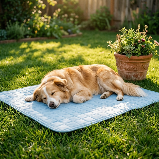 PetRoost cooling mat — dog relaxing outdoors on grass in the sun