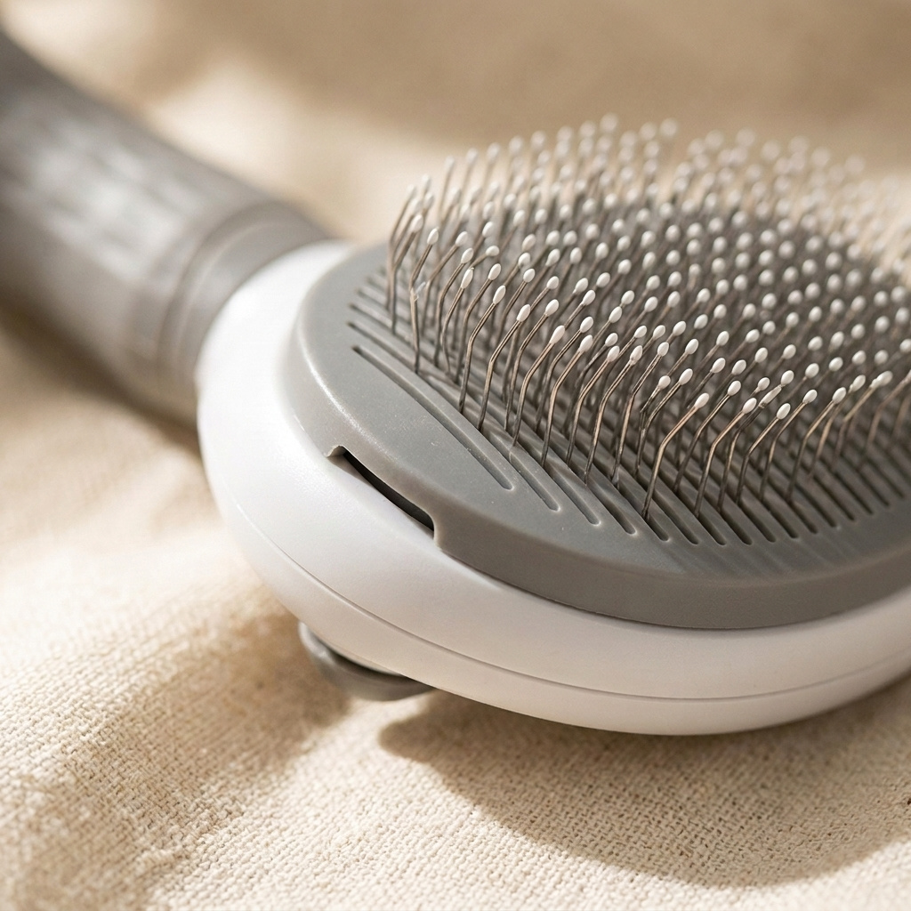 PetRoost ergonomic pet grooming brush — close-up on bristles