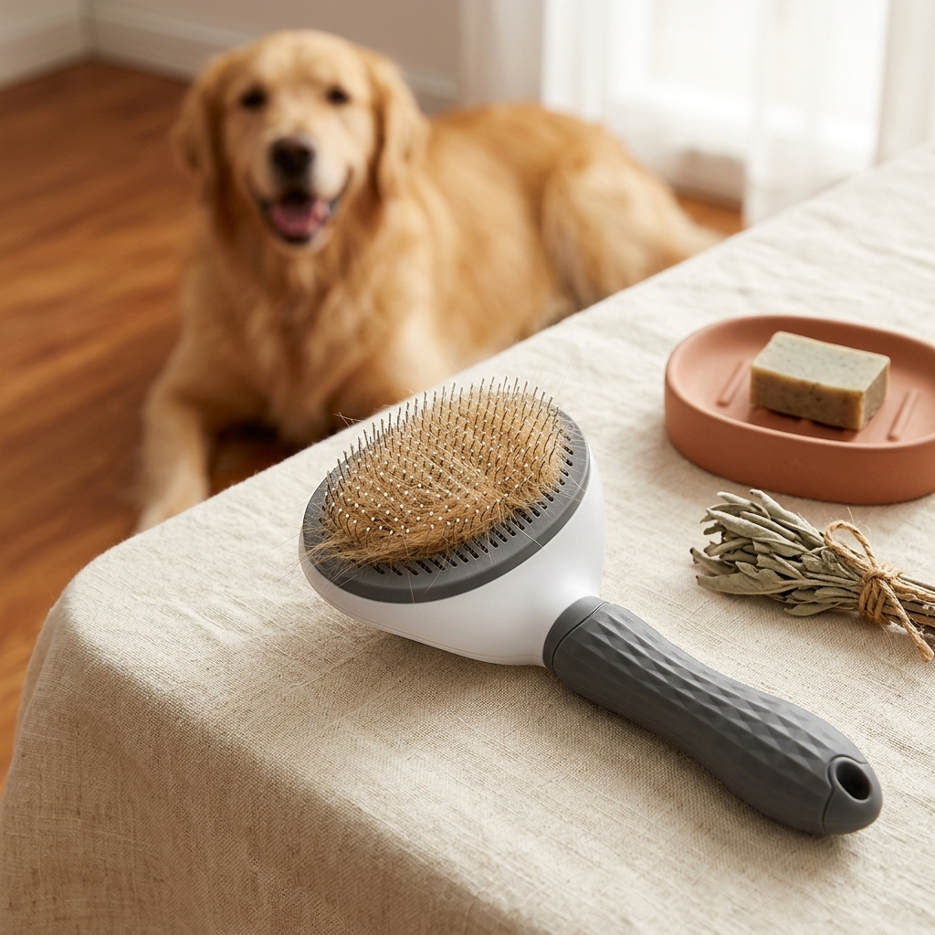 PetRoost ergonomic pet grooming brush with combed-out fur, dog in background