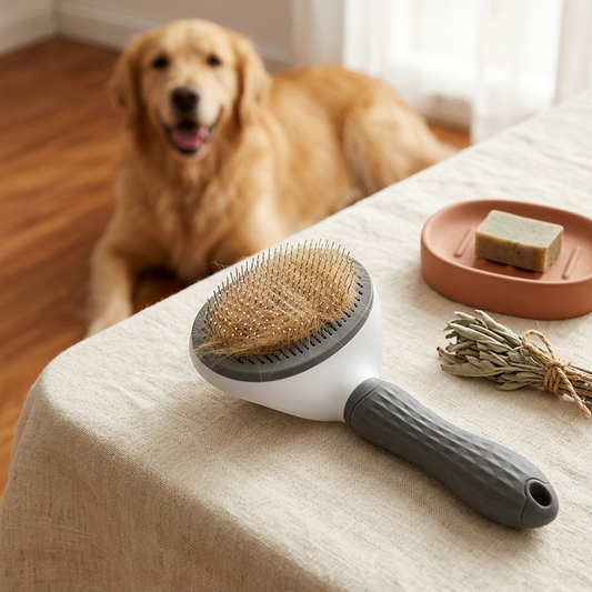 PetRoost ergonomic pet grooming brush with combed-out fur, dog in background