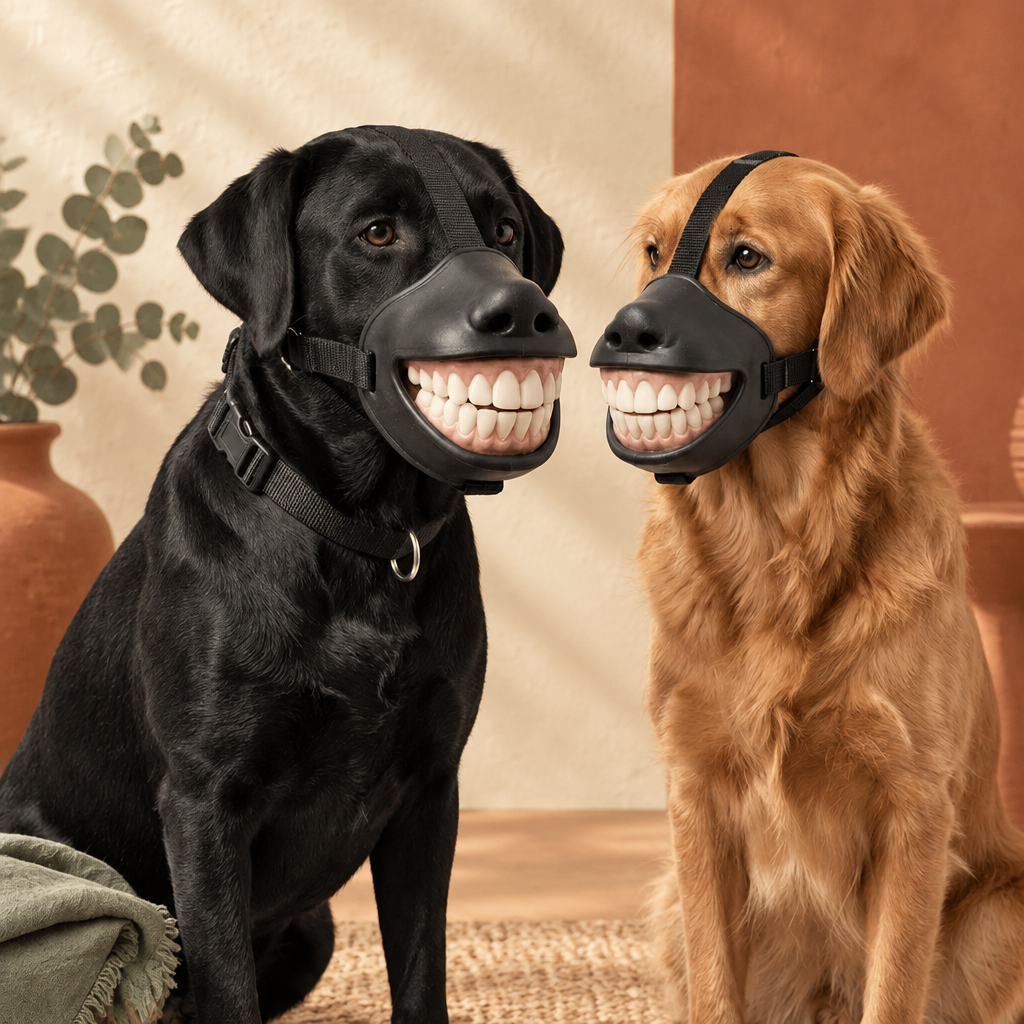 Two dogs wearing Grinning Dog Muzzle — PetRoost styled photo